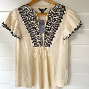 NWT Lauren Ralph Lauren Women's Ivory Top w/ Black Embroidered Design, Size S